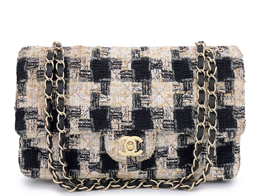 Chanel 2004 Vintage Tweed Classic Double Flap Bag Cream Beige Black 24k GHW