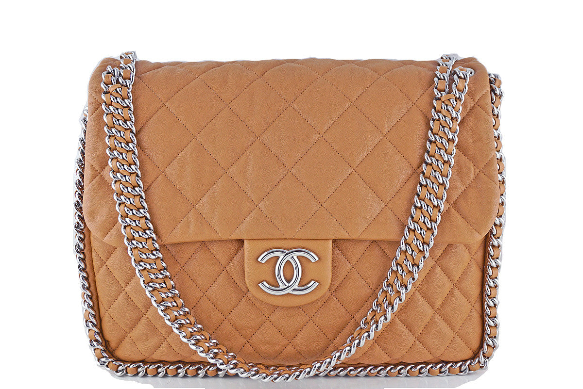 Chanel Camel Beige Chain Around Maxi Luxe Flap Bag