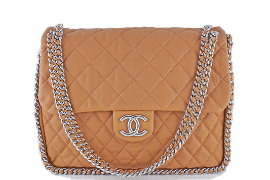 Chanel Camel Beige Chain Around Maxi Luxe Flap Bag