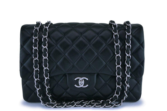 Chanel Black Lambskin Jumbo Classic Flap Bag SHW