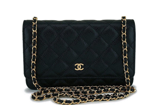 NIB Chanel Black Caviar Classic Wallet on Chain WOC Flap Bag GHW