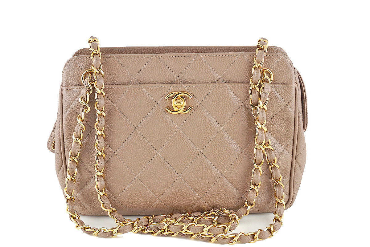 Chanel Taupe Beige Caviar Quilted Classic Camera Case CC Pocket Bag