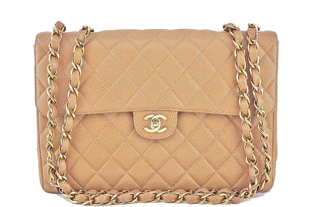 Chanel Camel Beige Caviar Jumbo Quilted Classic 2.55 Flap Bag