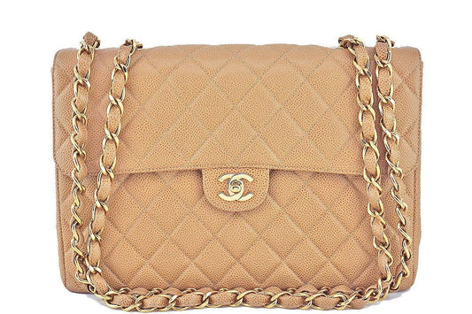 Chanel Camel Beige Caviar Jumbo Quilted Classic 2.55 Flap Bag