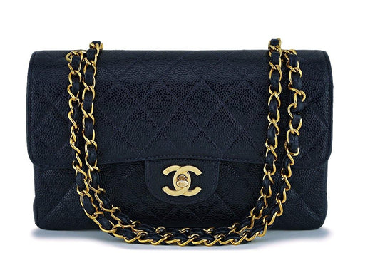 Chanel Midnight Navy Blue-Black Caviar Small Classic Double Flap Bag 24k GHW F8S