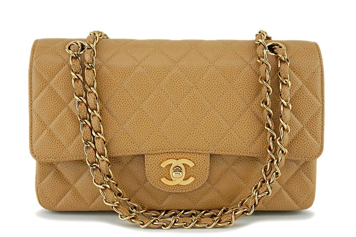 Chanel Camel Beige Caviar Medium Classic Double Flap Bag 24k GHW