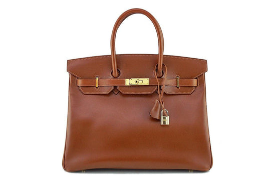 Hermes Noisette Box Calf 35cm Birkin Bag Gold HW 48L