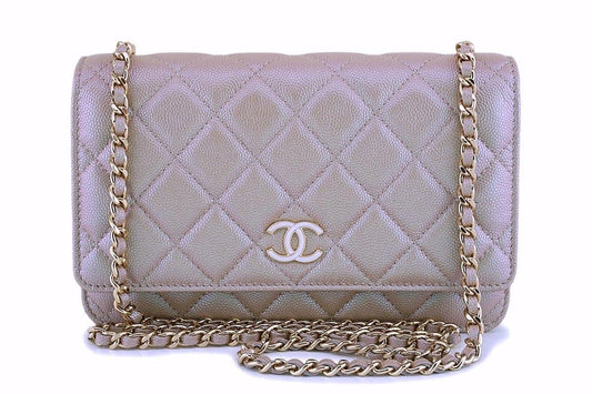 NIB 19S Chanel Iridescent Taupe Beige Rose Gold Pearly CC Wallet on Chain WOC Flap Bag