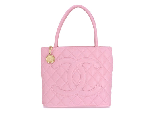 Pristine Chanel Vintage Rose Sakura Pink Caviar Medallion Shopper Tote Bag 24k GHW