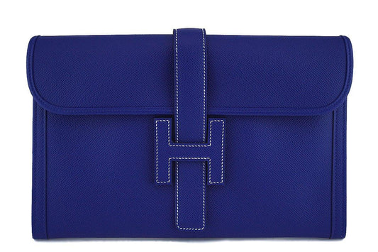 New 2017 Hermes 29cm Electric Blue Jige Clutch Bag NIB