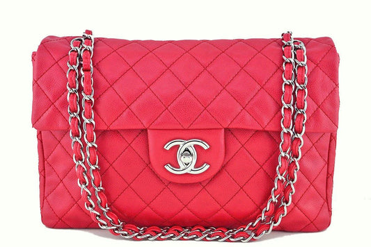 Chanel Caviar Fuchsia Pink-Red 13in. Maxi Quilted Classic 2.55 Jumbo Flap Bag