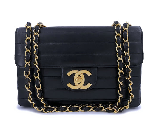 Rare Chanel 1996 Vintage Black Horizontal Jumbo Classic Flap Bag 24k GHW Lambskin