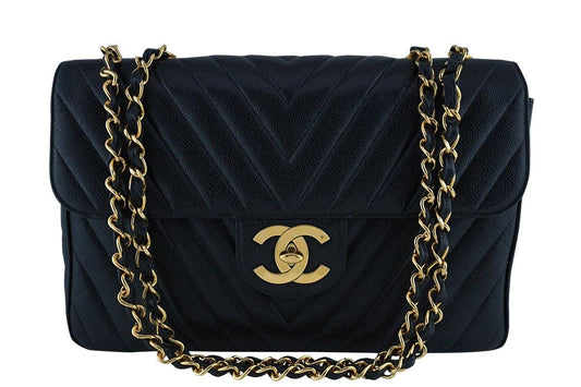Chanel Vintage Black Caviar Chevron Maxi Classic Jumbo XL Flap Bag