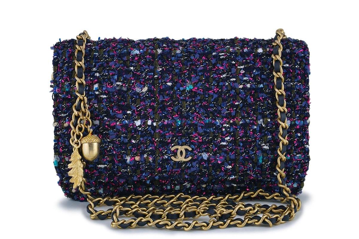 NIB 18K Chanel Purple Tweed Wallet on Chain w/Charms WOC Mini Flap Bag GHW