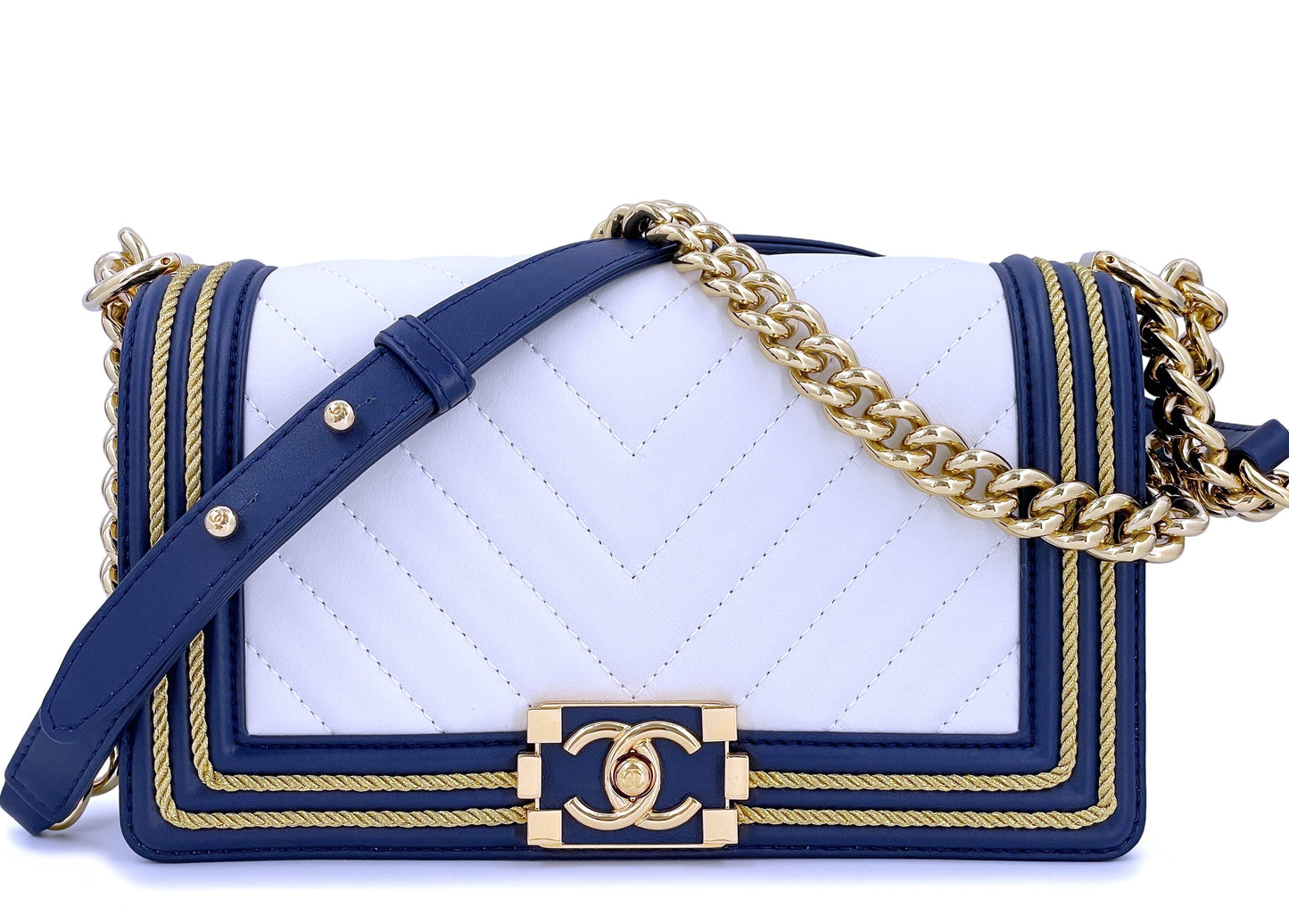 Chanel 19C By the Sea White Chevron Navy Blue Gold Rope Framed Boy Flap Bag GHW XHI
