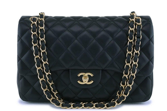 Chanel Black Lambskin Jumbo Classic Double Flap Bag GHW