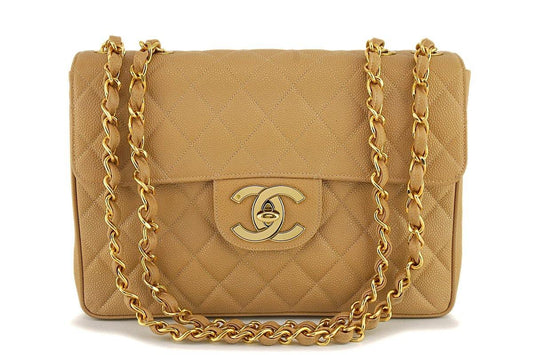 Chanel Vintage Camel Beige Caviar Jumbo Classic Flap Bag 24k GHW