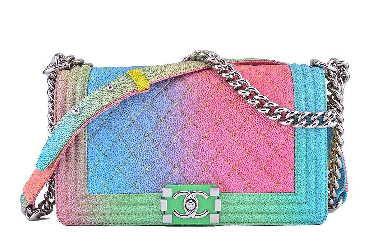 NWT 17C Chanel Boy Cuba Multicolor Rainbow Classic Flap, Medium Caviar Bag F2K