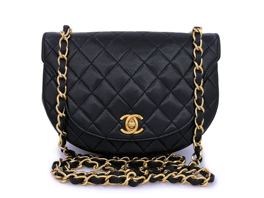 Pristine Chanel 1990 Vintage Black Half Moon Mini Flap Bag 24k GHW J3F
