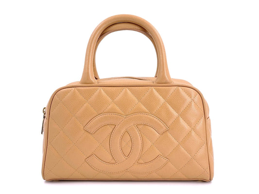 Chanel Camel Beige Caviar Quilted Mini Bowler Bag