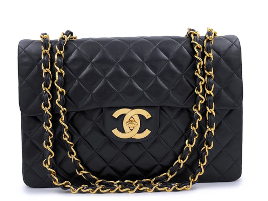 Chanel 1993 Vintage Black Lambskin Maxi Classic Flap Bag 24k GHW