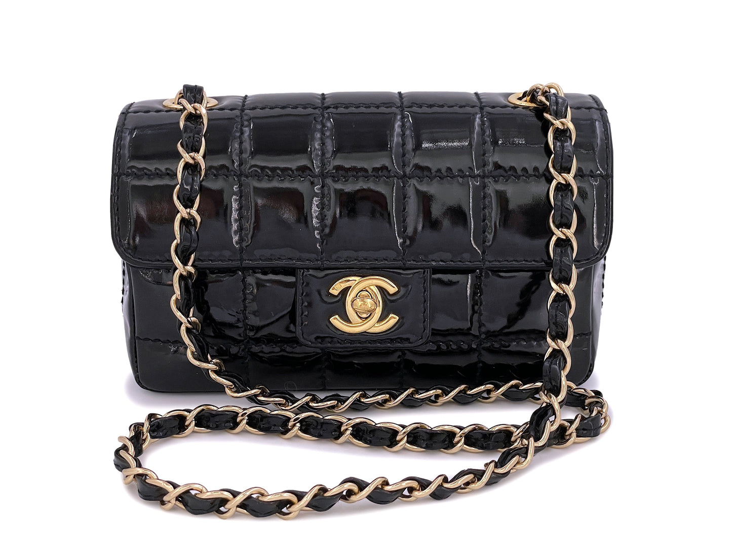 Chanel Vintage Black Patent Extra Mini Flap Bag 24k GHW Chocolate Bar