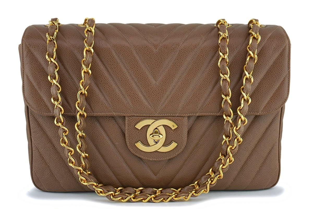 Chanel Vintage Taupe Beige Caviar Chevron Maxi "Jumbo XL" Classic Flap Bag 24k GHW KM5