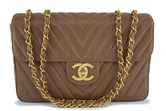 Chanel Vintage Taupe Beige Caviar Chevron Maxi "Jumbo XL" Classic Flap Bag 24k GHW KM5