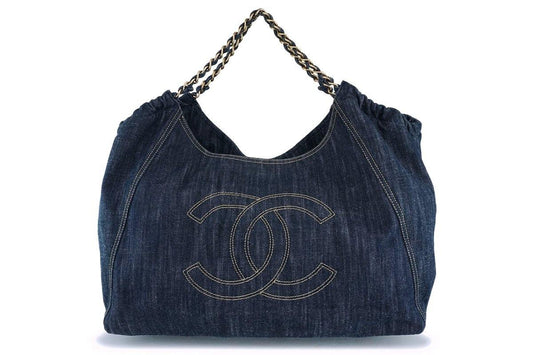 Chanel Dark Blue Denim XL Giant Coco Cabas Tote Bag