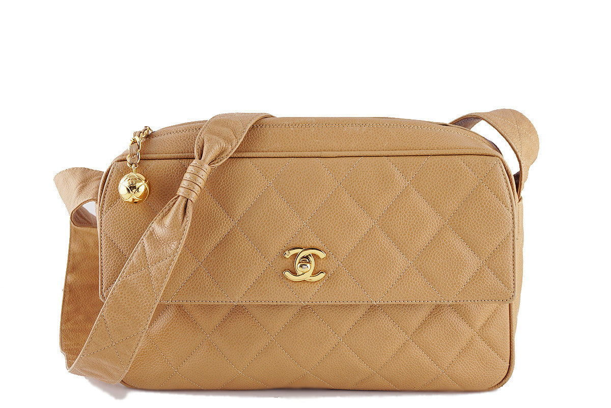 Chanel Vintage Beige Caviar Classic Quilted Flap Camera Purse Bag