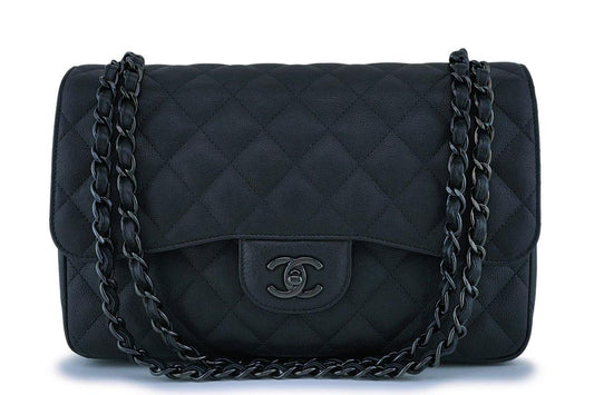Rare Chanel So Black Crumpled Calf Jumbo Classic Double Flap Bag