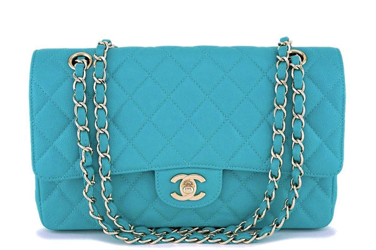 17C Chanel Turquoise Blue Caviar Medium Classic Double Flap Bag GHW