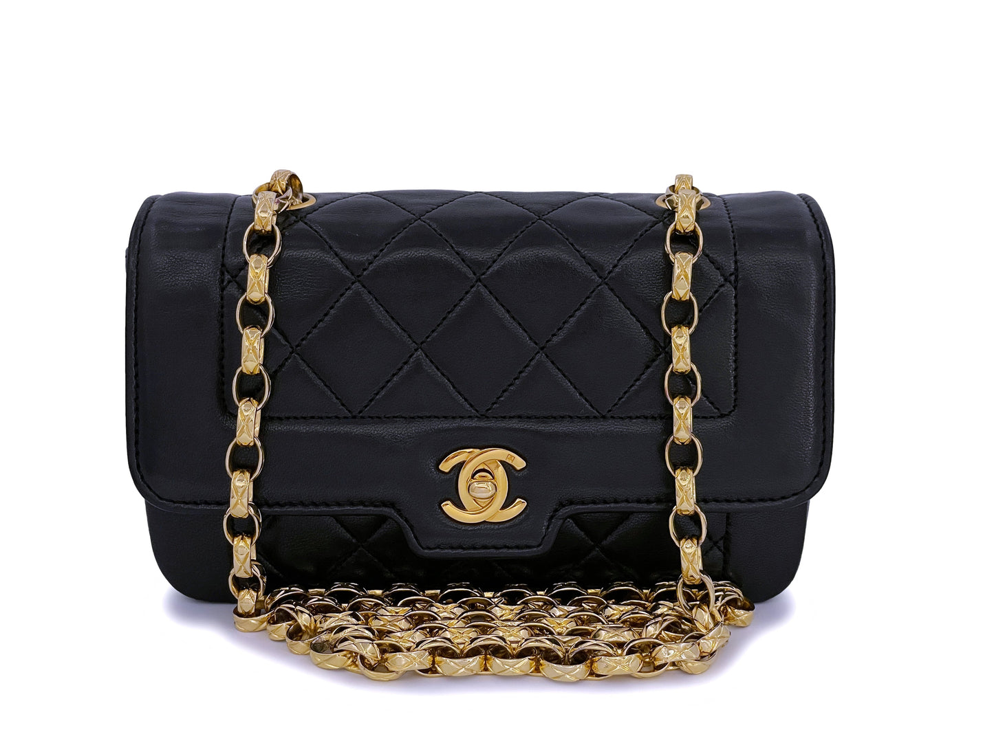 Pristine Chanel 1989 Vintage Black Mini Geometric Diana Flap Bag 24k GHW Lambskin