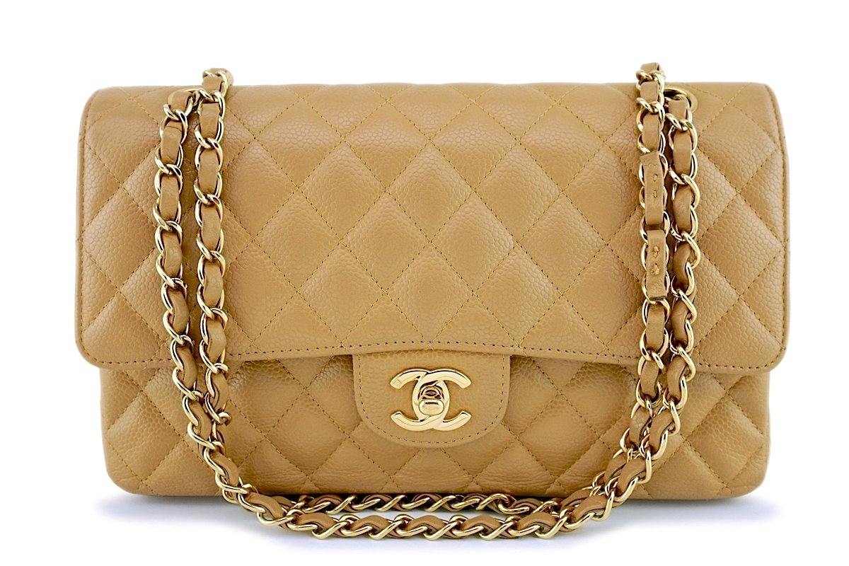 Chanel Camel Beige Caviar Medium Classic Double Flap Bag 24k GHW