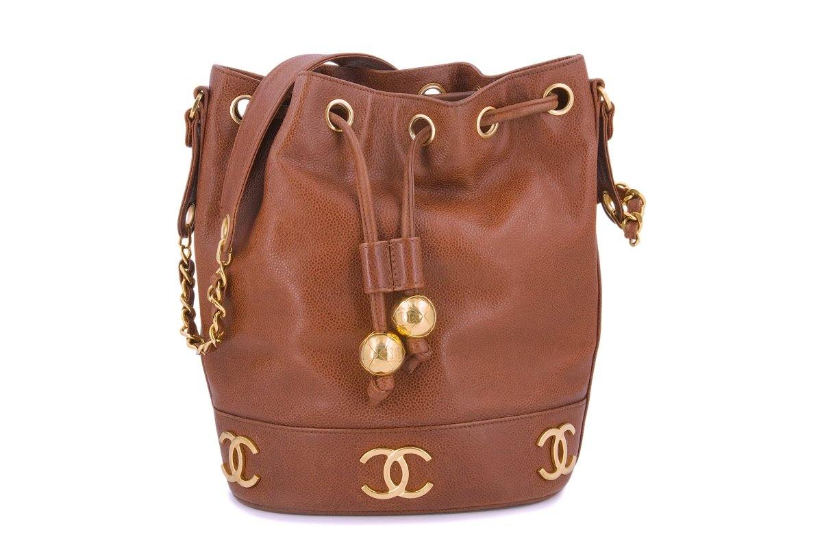 Chanel Vintage Caramel Beige Brown Caviar Bucket Drawstring Bag 24k GHW