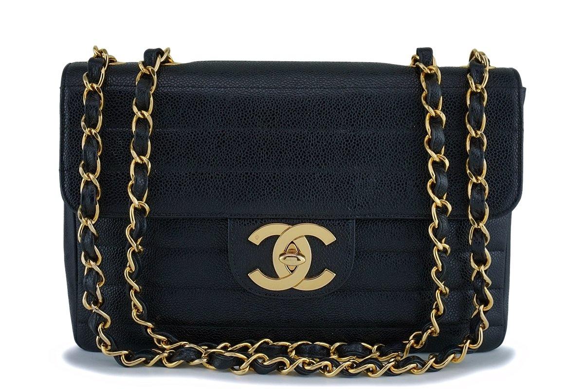Rare Chanel Vintage Black Caviar Horizontal Jumbo Classic Flap Bag 24k GHW
