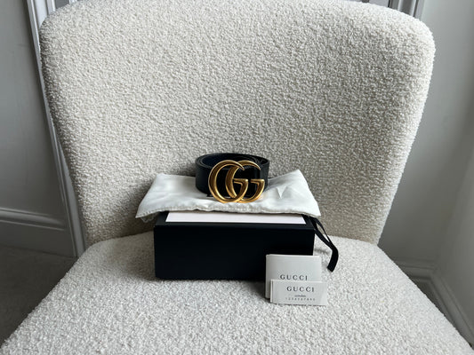 Gucci GG Marmont Black Wide Leather Belt with Shiny Gold Buckle (RRP £410)