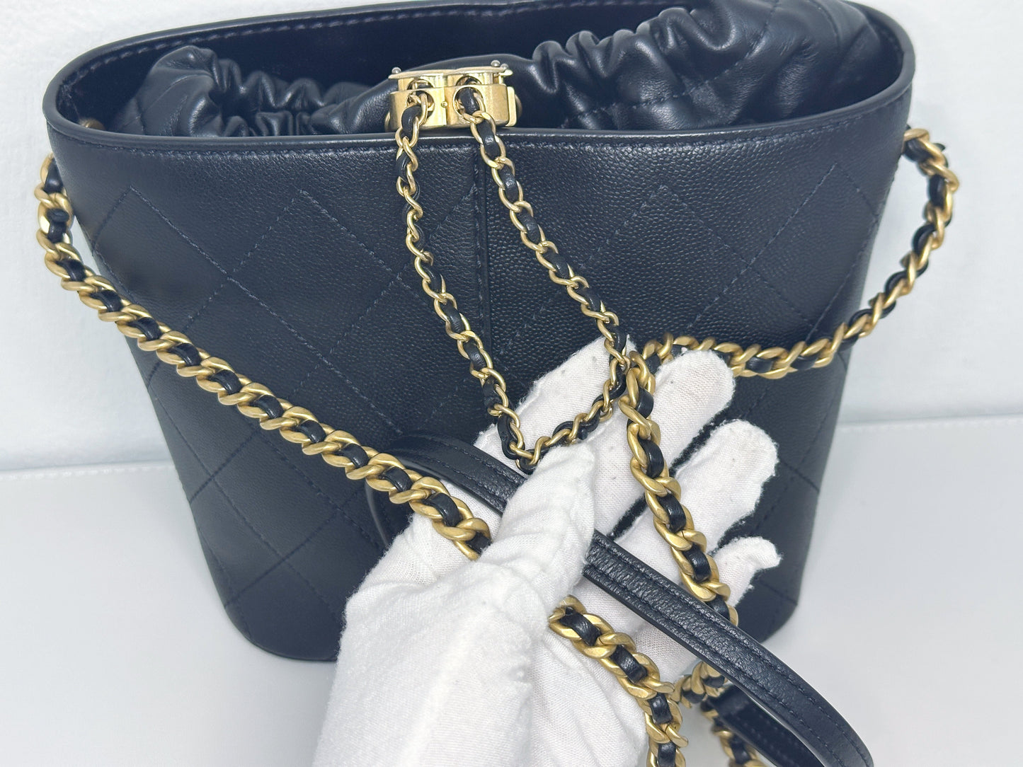 Chanel Drawstring Bucket Bag Quilted Black Caviar Aged Gold Hardware 3088 holo card