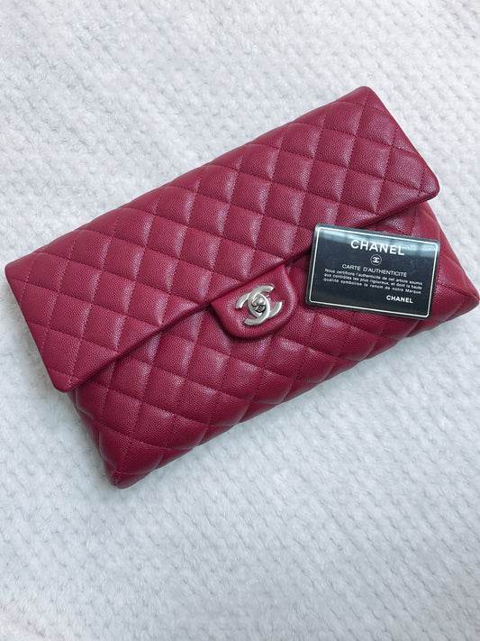 Chanel Flap Clutch Bag Red Caviar SHW 2645 holo card