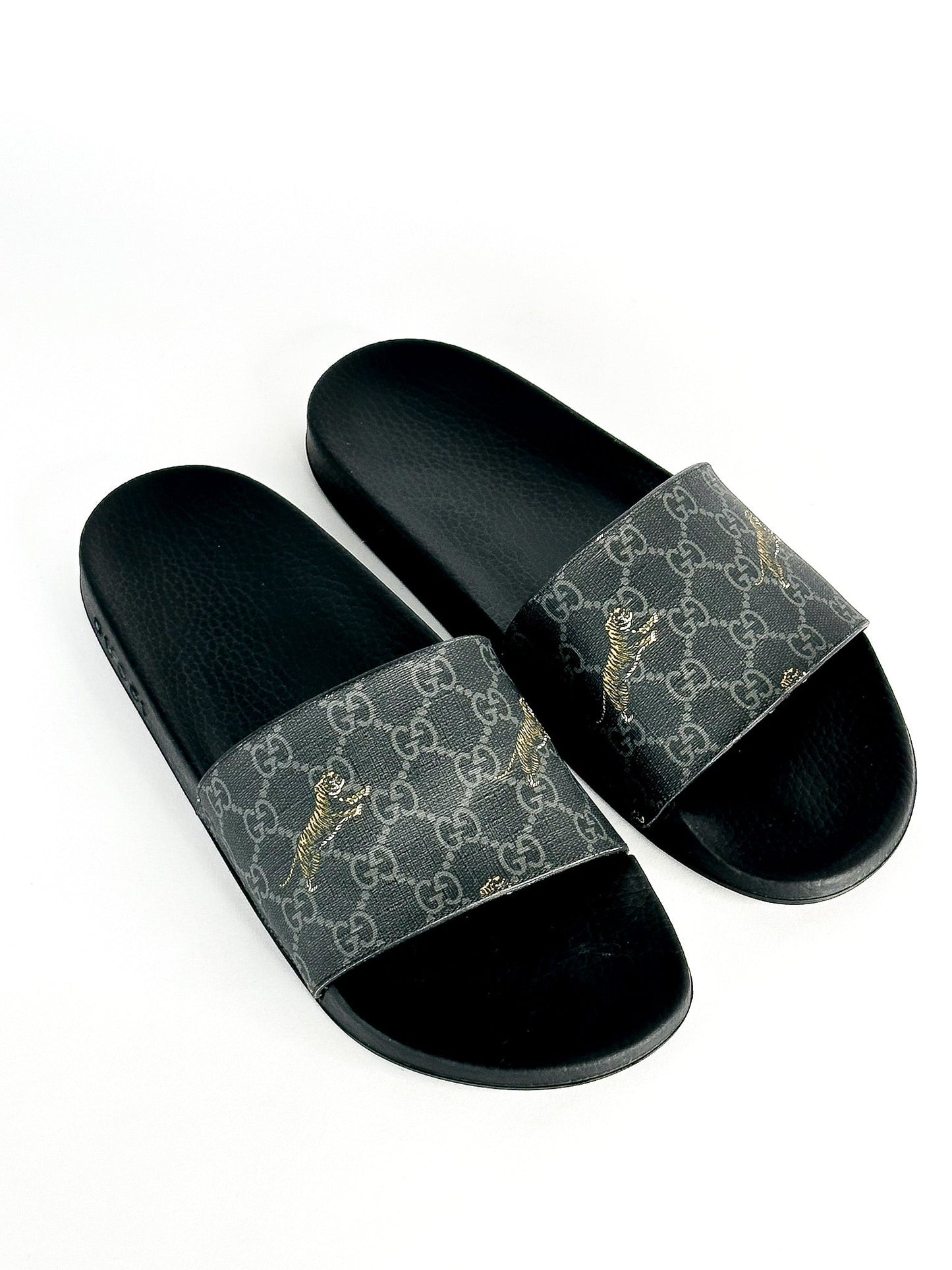 Gucci Black GG Supreme Tiger Flat Slides Size 11