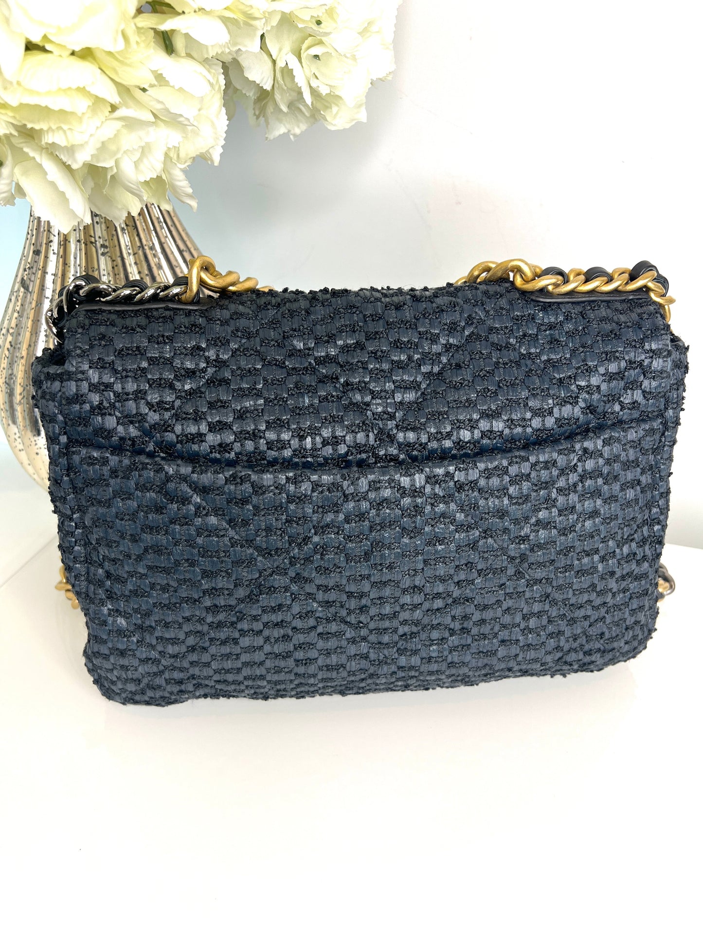 Chanel Preloved Large Chanel 19 Navy Raffia Tweed Flap Bag