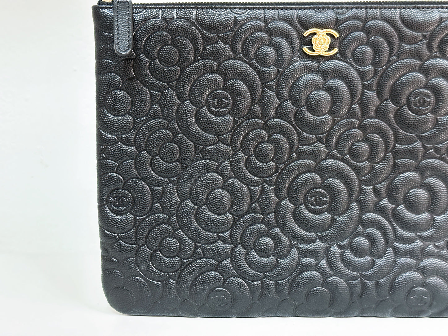 CHANEL Caviar Camellia Embossed Medium Cosmetic Case Black 2285 holo card