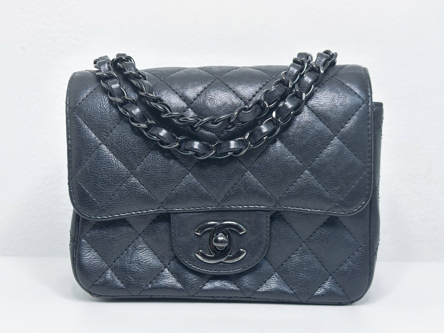 Chanel Quilted Mini Square Flap So Black Crumpled Calfskin 2417 holo card