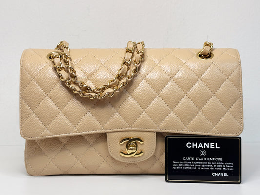 Chanel Medium Caviar Classic Double Flap Bag Beige 2552 holo card