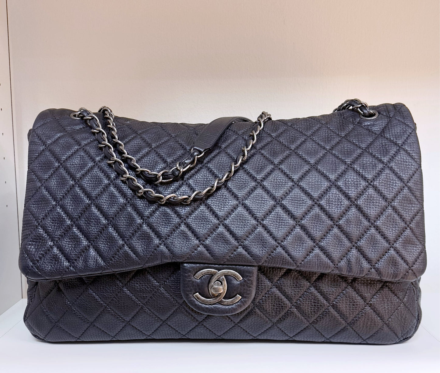 Chanel Calfskin Quilted XXL Travel Flap Bag Black 3038 holo card