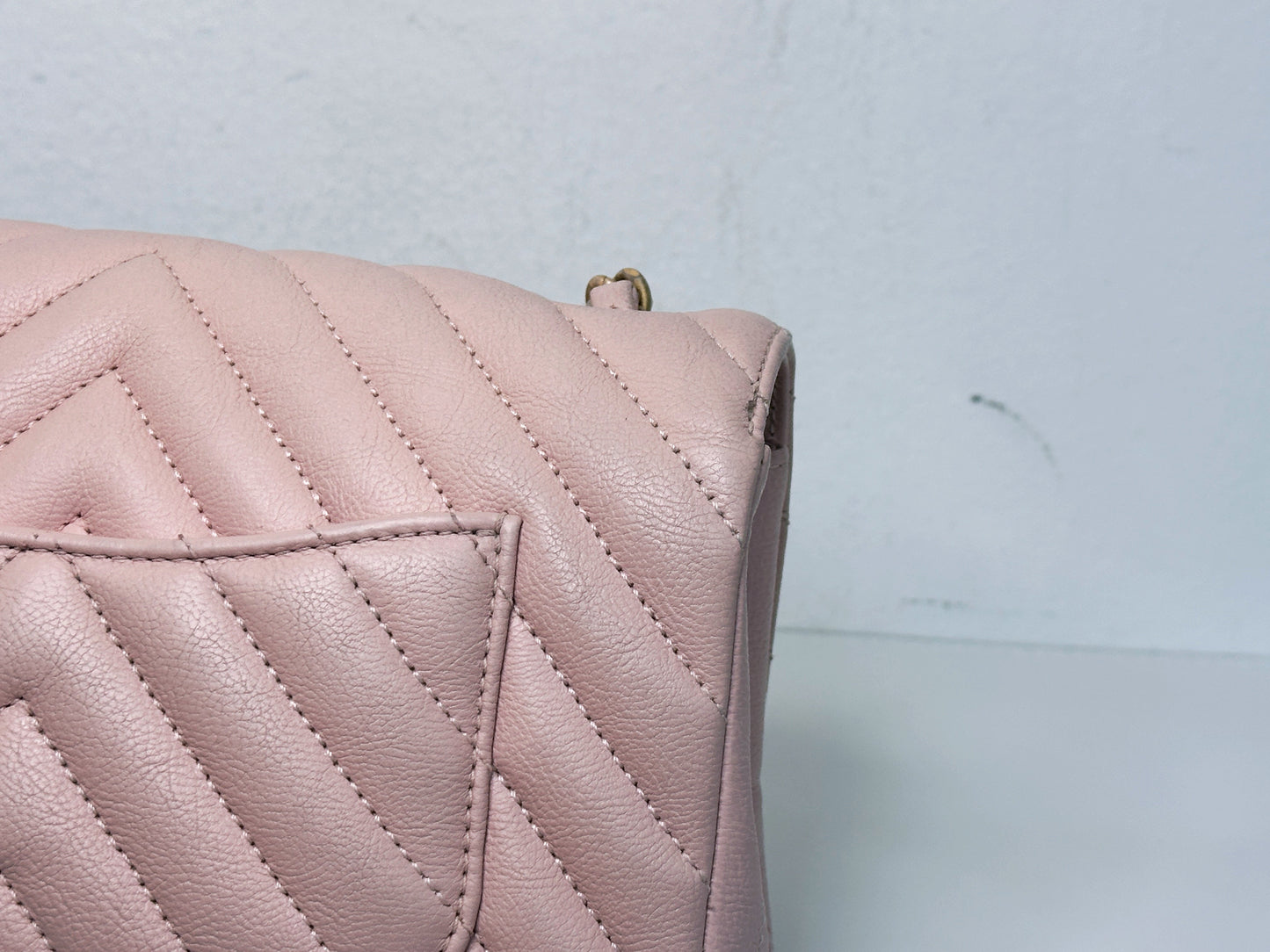 Chanel Classic Mini Rectangular 17C Light Pink Chevron Calfskin with brushed gold hardware ⁣⁣2383 holo card