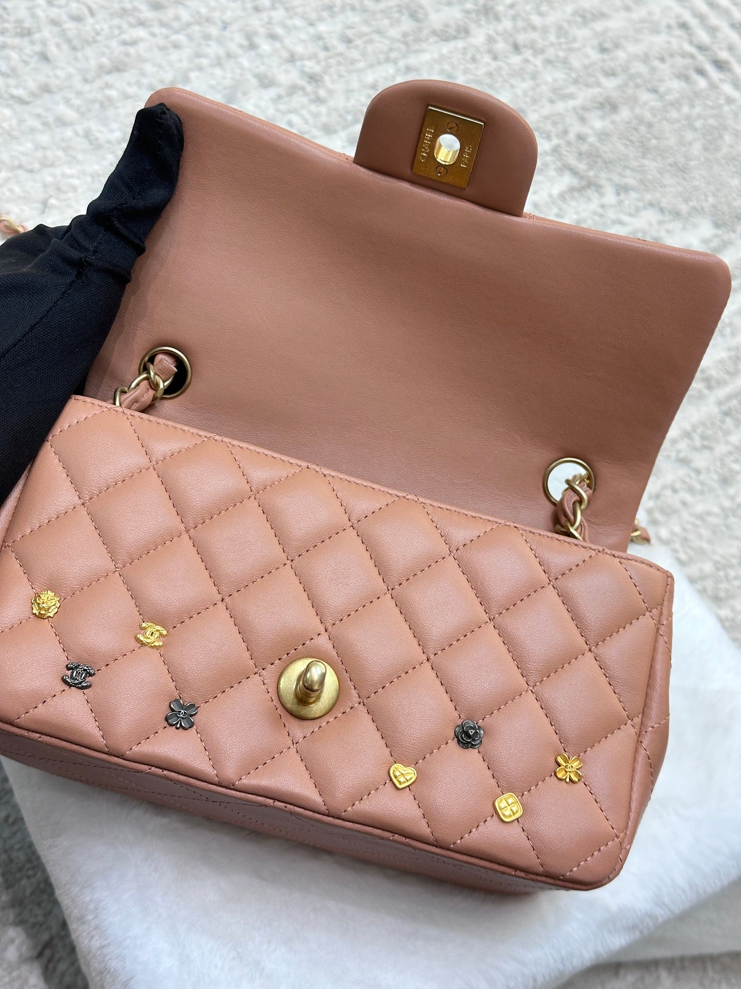 Chanel 2018 Blush Beige Mini Flap Bag with Lucky Charms Stud Embellishment