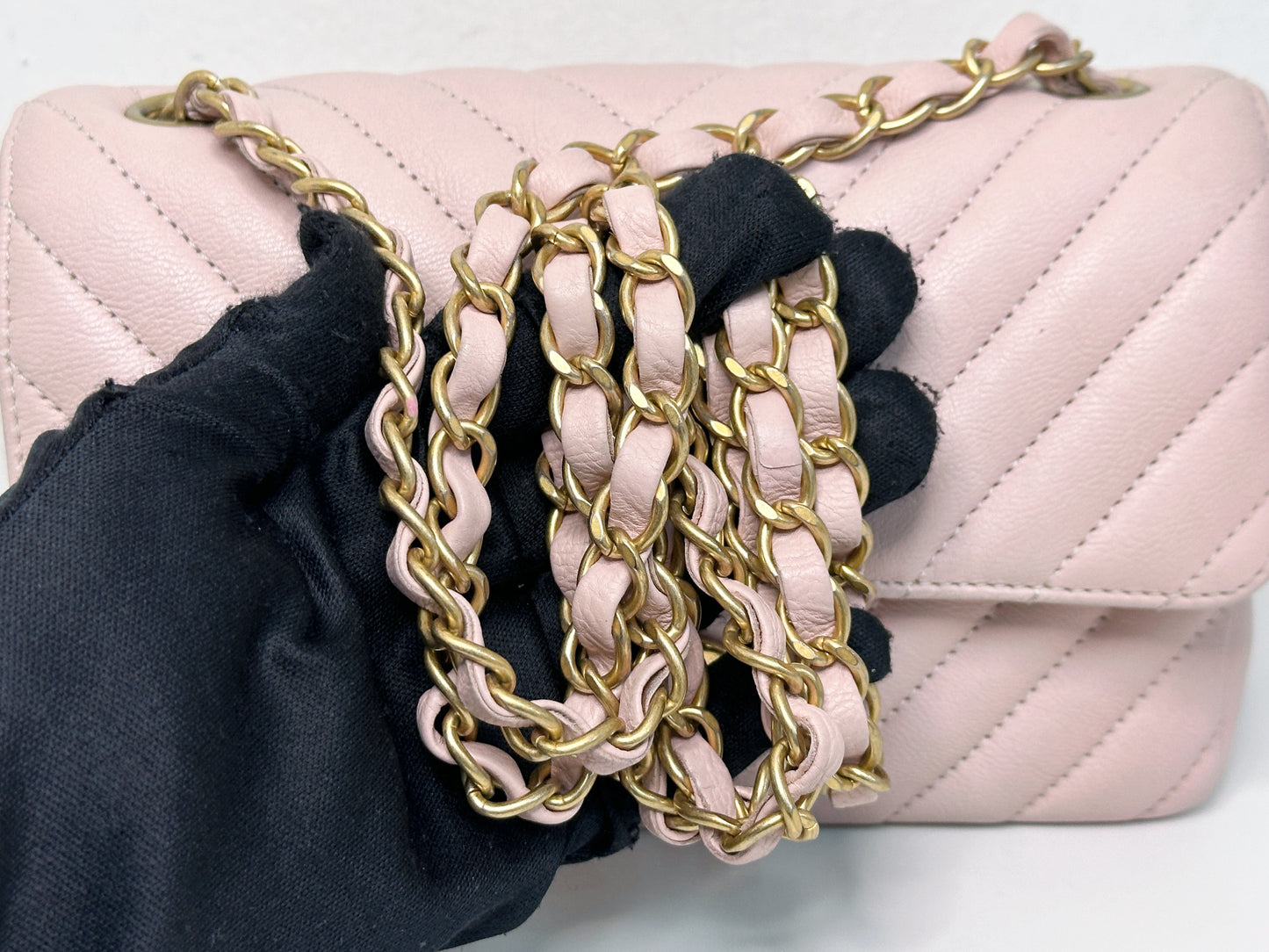 Chanel Classic Mini Rectangular 17C Light Pink Chevron Calfskin with brushed gold hardware ⁣⁣2383 holo card