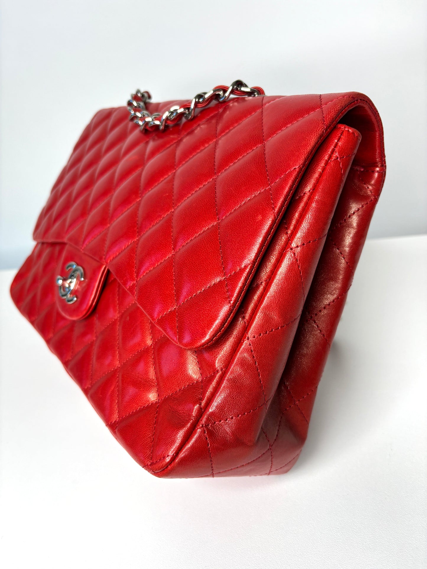 RESERVED  for 24 hrs - Chanel Jumbo Red Lambskin Classic Single Flap Shoulder Bag - Preloved
