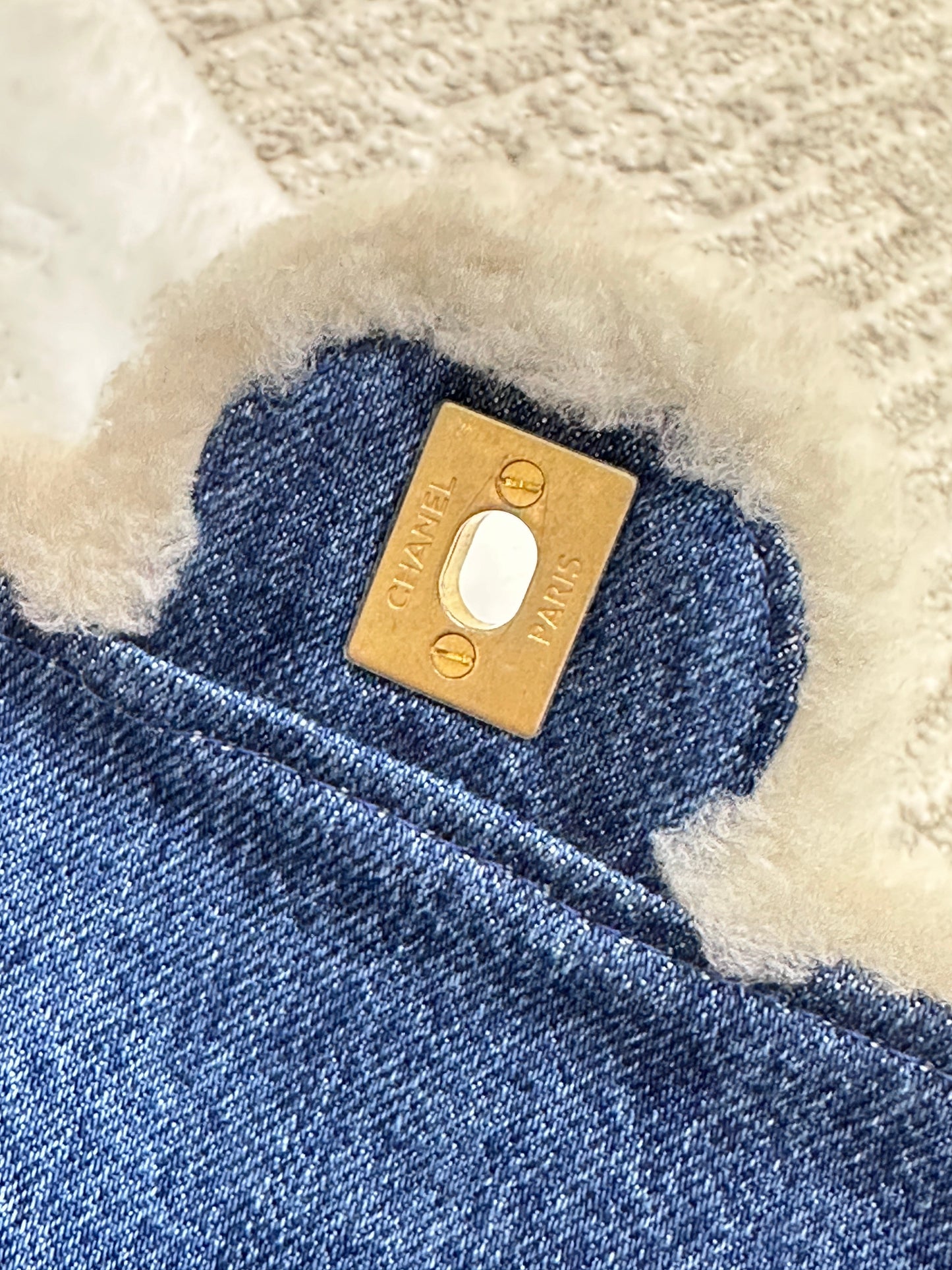 CHANEL Denim Shearling Hieroglyph Flap Blue
